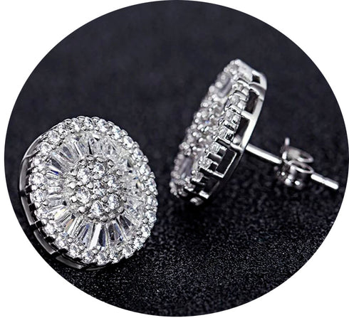 Baguette 18K White Gold Plated Round Cut Cubic Zircon Men Women Cluster Earrings